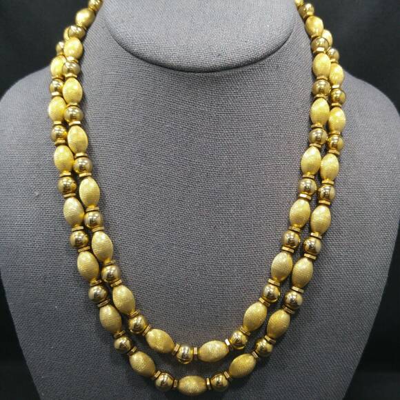 Vintage Gold Plated Double Strand Beaded Necklace, Satin & Smooth Beads 1950s - Picture 2 of 10